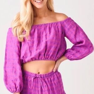 Lavender Brown 100% Linen Boho Crop Top - Pink/Lavender - Size Medium